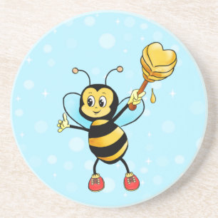 Cute Honey Bee & Heart on Light Blue Coaster