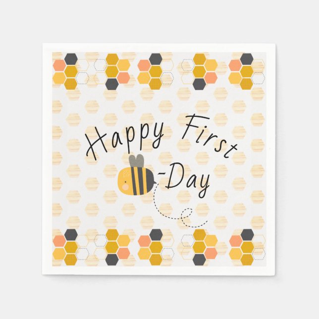 Cute Honey Bee Honeycomb First Bee Day Birthday Napkins (Front)