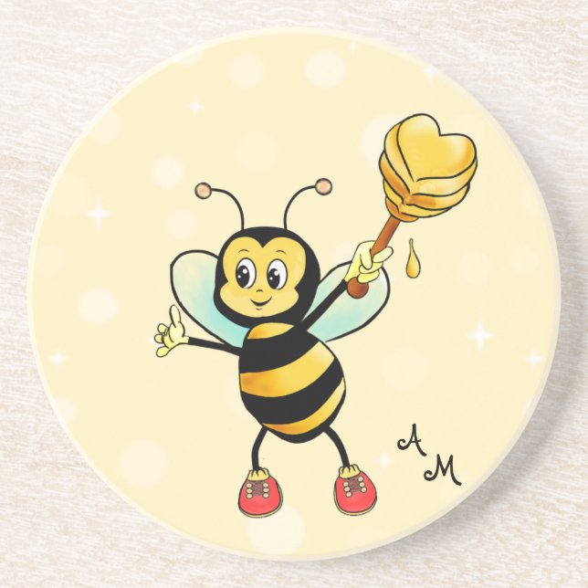 Cute Honey Bee & Monogram on Light Yellow Coaster (Front)