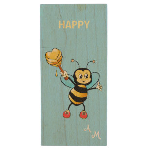 Cute Honey Bee & Monogram Wood Flash Drive
