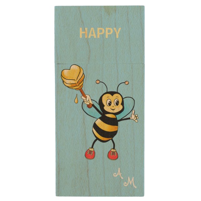 Cute Honey Bee & Monogram Wood Flash Drive (Front Vertical)