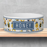 Cute Honey Bee Pattern Name Template Pet Bowl<br><div class="desc">Honey Bees and Flowers Pattern Personalized Pet Bowls with Name Template: Stylish, Trendy, and Adorable! Our custom-designed bowls feature a bumble bee pattern in yellow, black, blue and white, perfect for both cats and dogs. Personalize with your pet's name for a unique touch. These preppy and cute bowls add charm...</div>