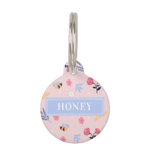 Cute Honey Bee Pink Flowers Round Pet Tag