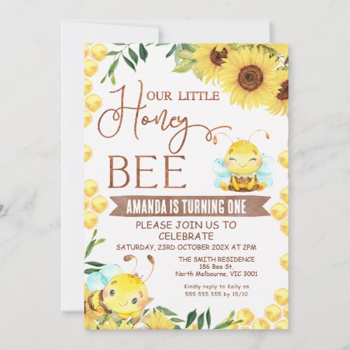 Cute Honey Bee Sunflower Birthday Invitation