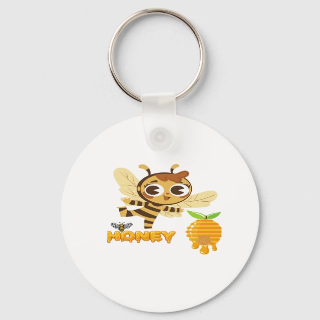 Cute Honey Bee with Dripping Honey Typography Desi Keychain (Front)