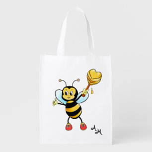 Cute Honey Bee with Heart & Monogram Grocery Bag
