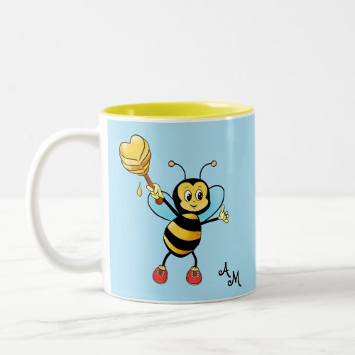 Cute Honey Bee with Heart  Monogram on Light Blue Two_Tone Coffee Mug
