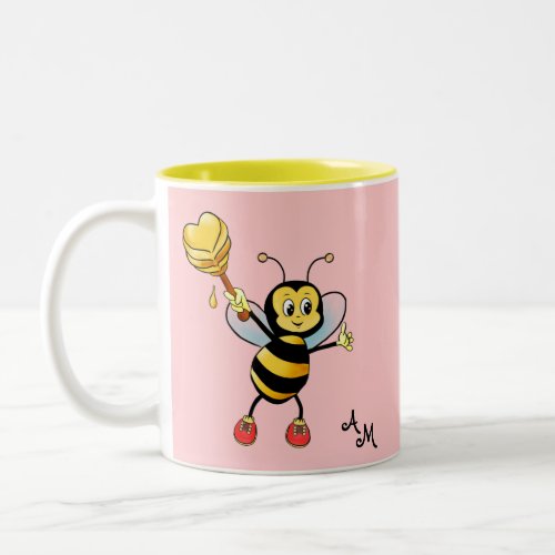 Cute Honey Bee with Heart  Monogram on Light Pink Two_Tone Coffee Mug