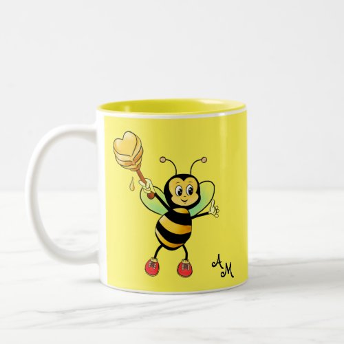 Cute Honey Bee with Heart  Monogram on Yellow Two_Tone Coffee Mug