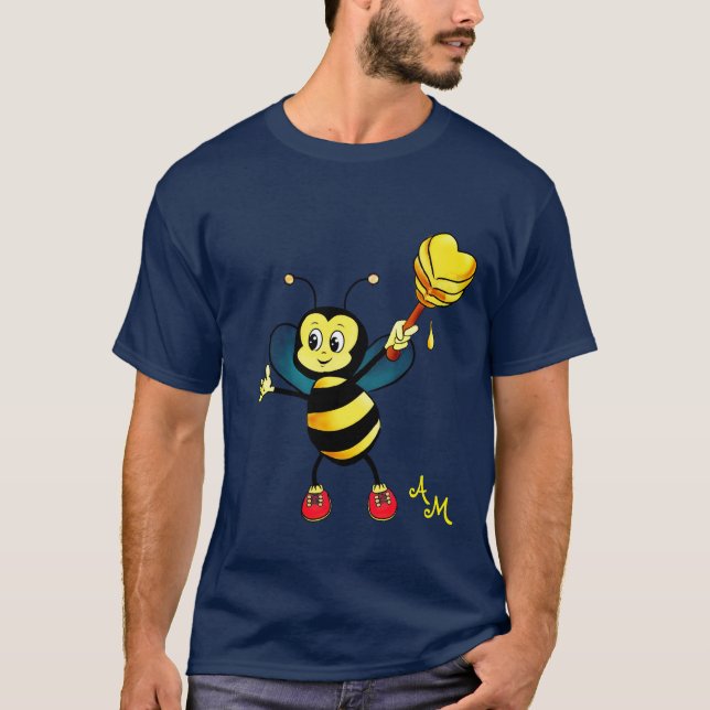 Cute Honey Bee with Heart & Monogram T-Shirt (Front)