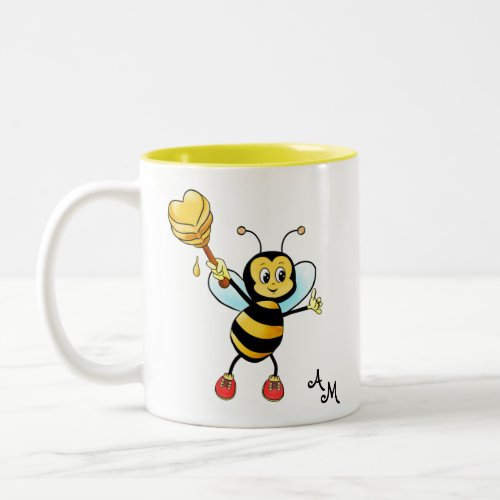 Cute Honey Bee with Heart  Monogram Two_Tone Coffee Mug