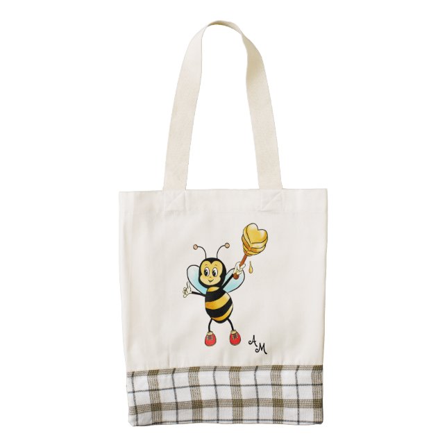 Cute Honey Bee with Heart & Monogram Zazzle HEART Tote Bag (Front)