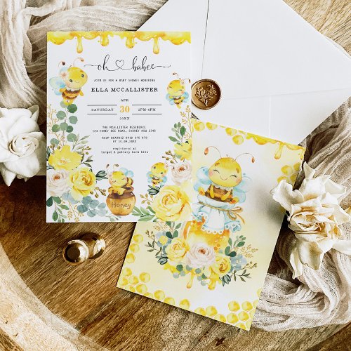 Cute Honey Bee Yellow Floral Greenery Baby Shower Invitation