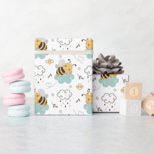 Cute Honey Bee Yellow Teal Gray Baby Shower Wrapping Paper