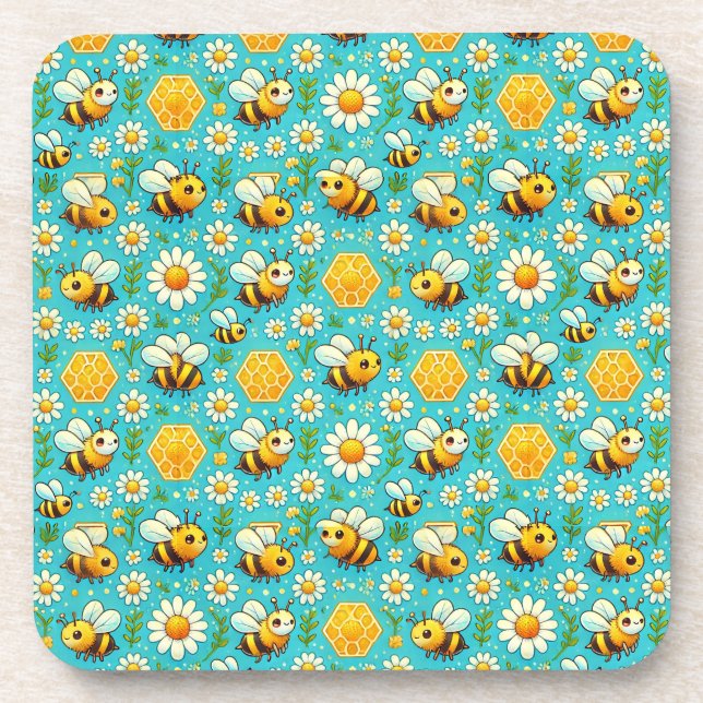 Cute Honey Bees and Daisies Beverage Coaster (Front)