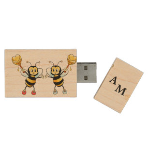 Cute Honey Bees & Calligraphy Wood Flash Drive