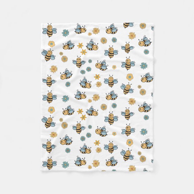 Cute Honey Bees & Floral Wildflowers Fleece Blanket (Front)