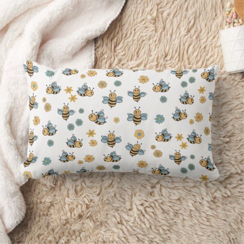 Cute Honey Bees  Floral Wildflowers Lumbar Pillow