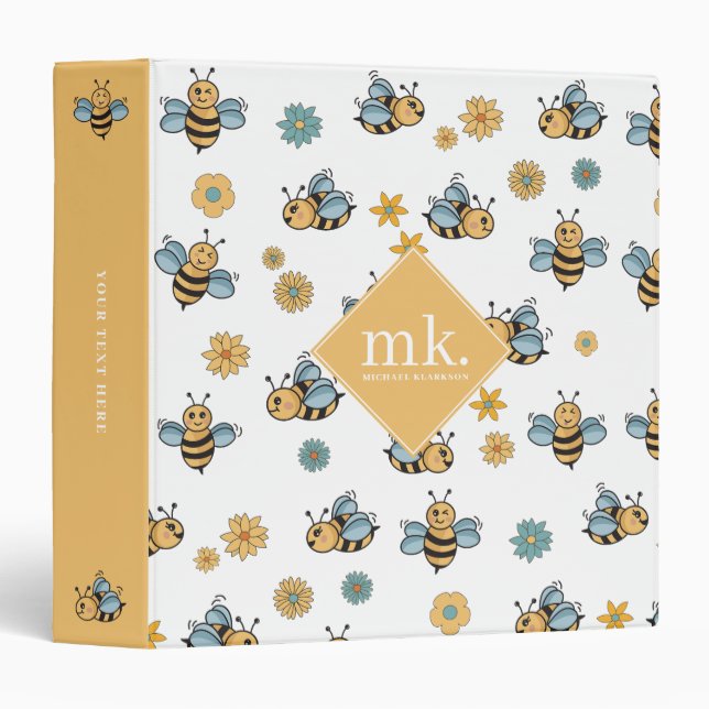 Cute Honey Bees & Floral Wildflowers Monogram 3 Ring Binder (Front/Spine)