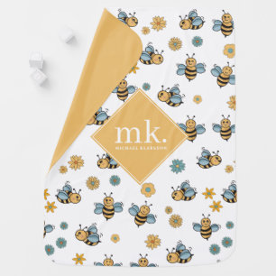 Cute Honey Bees & Floral Wildflowers Monogram Baby Blanket