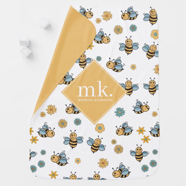 Cute Honey Bees & Floral Wildflowers Monogram Baby Blanket (In Situ)