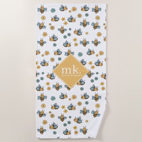 Cute Honey Bees  Floral Wildflowers Monogram Beach Towel