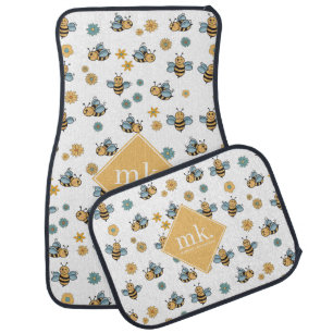 Cute Honey Bees & Floral Wildflowers Monogram Car Floor Mat