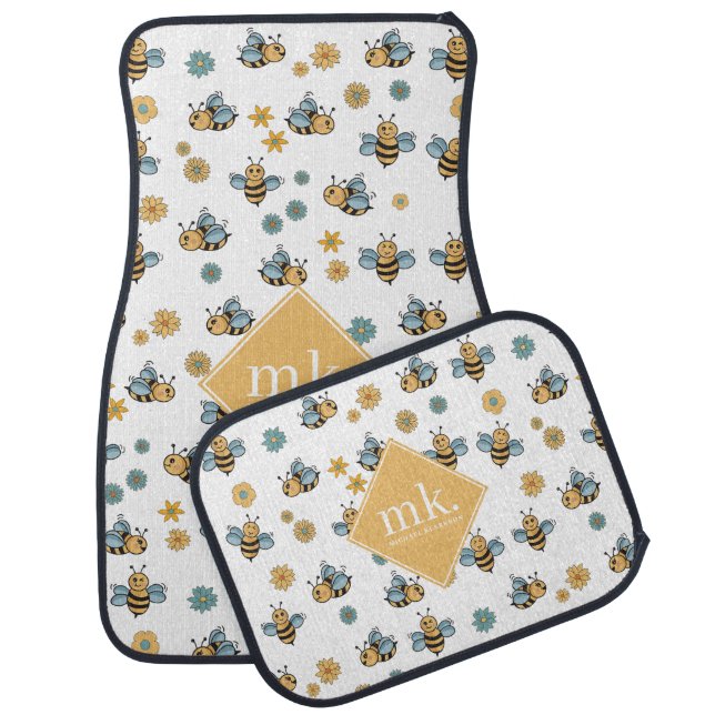 Cute Honey Bees & Floral Wildflowers Monogram Car Floor Mat (Set)