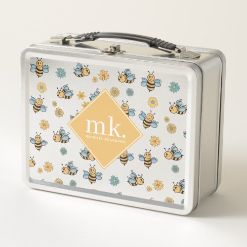 Cute Honey Bees  Floral Wildflowers Monogram Metal Lunch Box