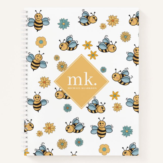Cute Honey Bees & Floral Wildflowers Monogram Notebook (Front)