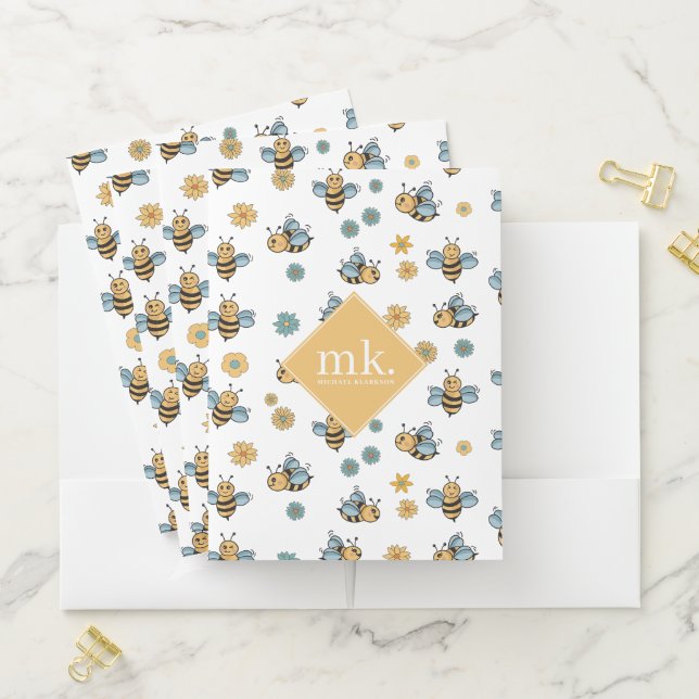 Cute Honey Bees & Floral Wildflowers Monogram Pocket Folder (In Situ)