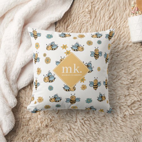 Cute Honey Bees  Floral Wildflowers Monogram Throw Pillow