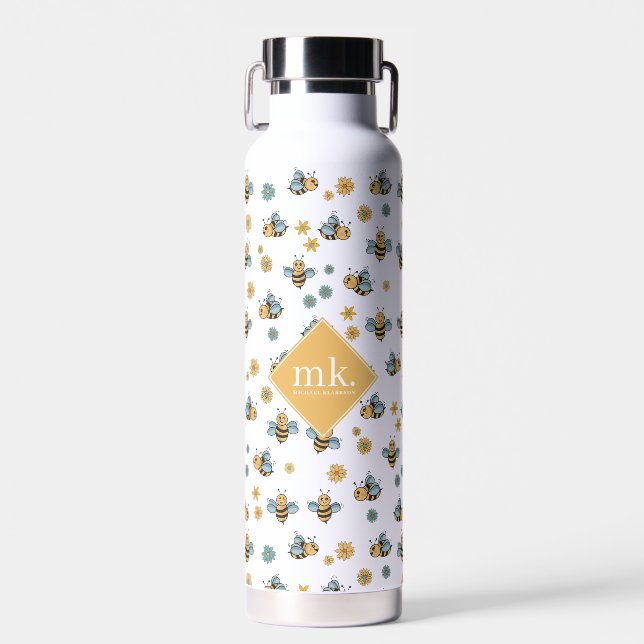 Cute Honey Bees & Floral Wildflowers Monogram Water Bottle (Front)