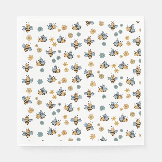 Cute Honey Bees & Floral Wildflowers Napkins (Front)