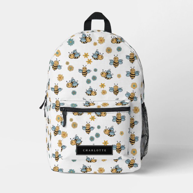 Cute Honey Bees & Floral Wildflowers Printed Backpack (Front)