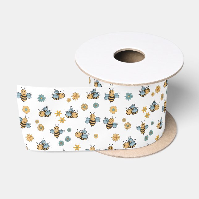 Cute Honey Bees & Floral Wildflowers Satin Ribbon (Spool)