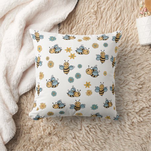 Cute Honey Bees  Floral Wildflowers Throw Pillow