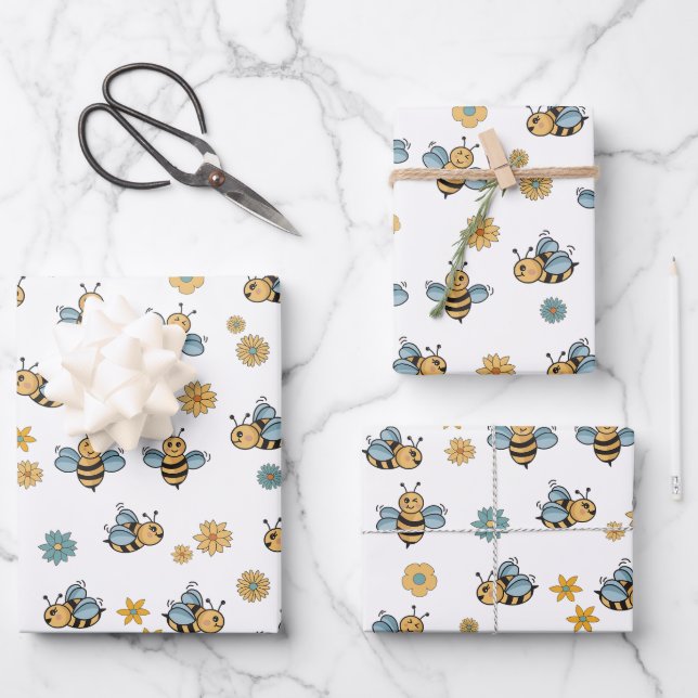 Cute Honey Bees & Floral Wildflowers Wrapping Paper Sheets (Front)