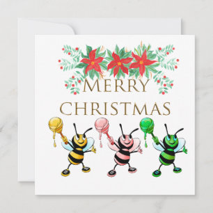 Cute Honey Bees Gold Merry Christmas