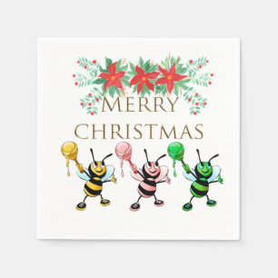 Cute Honey Bees Gold Merry Christmas Napkins