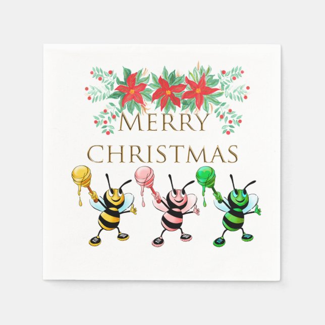 Cute Honey Bees Gold Merry Christmas   Napkins (Front)