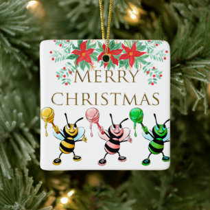 Cute Honey Bees Gold Merry Christmas Ornament