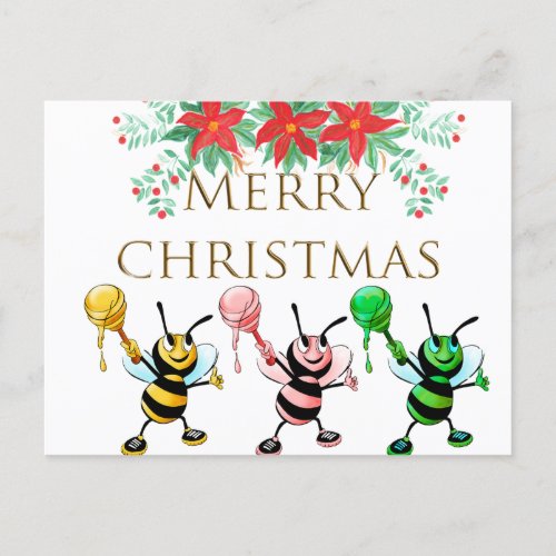 Cute Honey Bees Gold Merry Christmas   Postcard