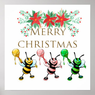Cute Honey Bees Gold Merry Christmas Poster