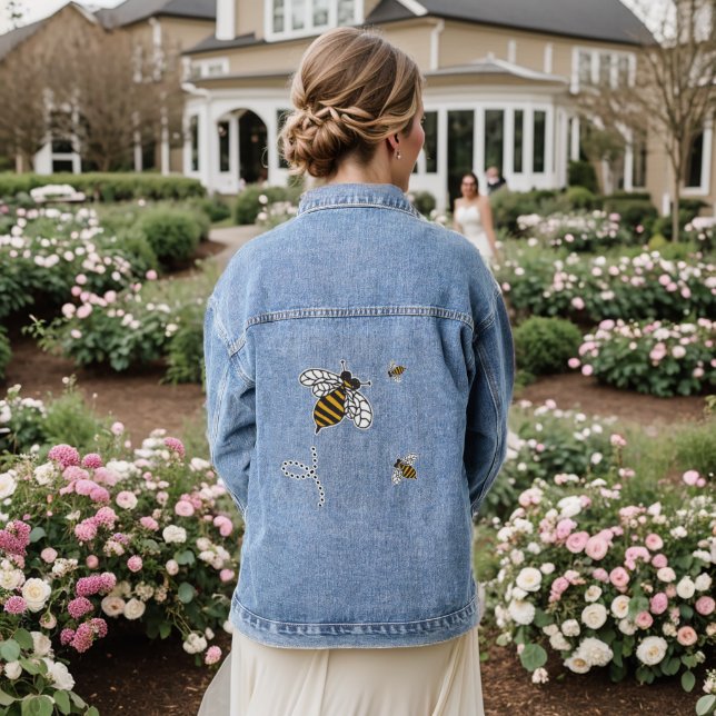 Cute Honey Bees Modern Graphic Design Denim Jacket (Wedding Back)
