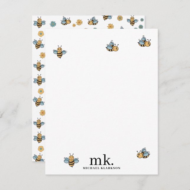 Cute Honey Bees Monogram Note Card (Front/Back)