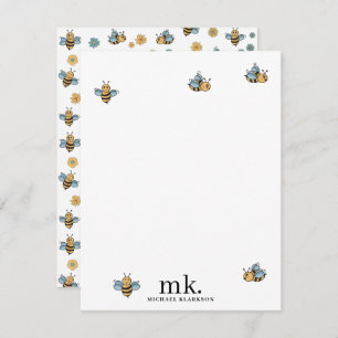 Cute Honey Bees Monogram Note Card