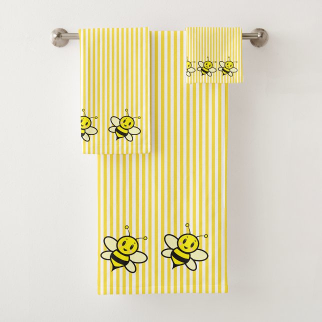 Cute Honey Bees on Yellow Stripes Bath Towel Set (Insitu)