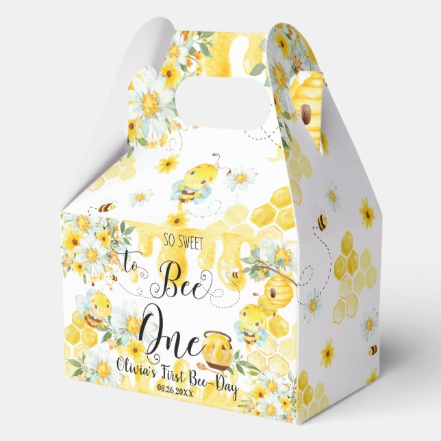 Cute Honey Bees Yellow Floral 1st Birthday One Favor Boxes (Front)