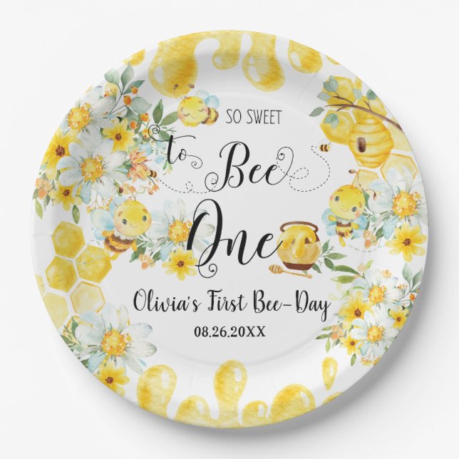 Cute Honey Bees Yellow Floral 1st Birthday One Paper Plates (Front)